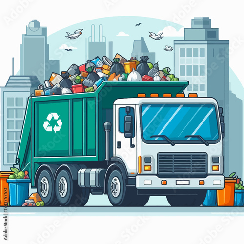 A garbage truck is collecting trash from bins in a city with tall buildings in the background.