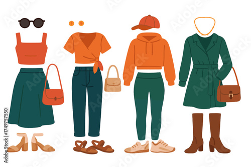 Four distinct casual female clothing outfits with accessories and shoes
