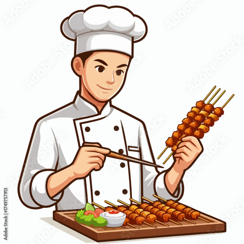 A cartoon illustration of a smiling male chef preparing and arranging grilled skewers on a wooden board with sauce.