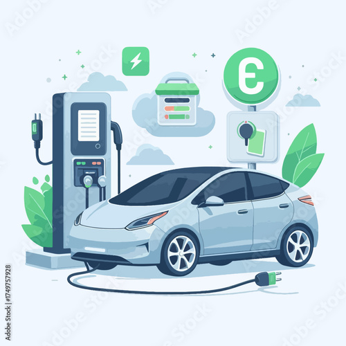 An electric car is shown charging at a charging station, with symbols representing energy and money.