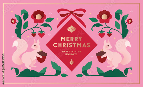 Bright Christmas illustration with cute squirrels holding acorns, decorated with flowers in flat minimalist style. Design for greeting cards, advent calendars or packaging. 