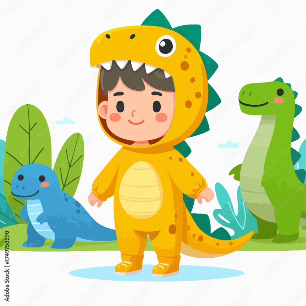 Naklejka premium A cute cartoon illustration of a child dressed in a yellow dinosaur costume, standing with two other cartoon dinosaurs in a lush green environment.