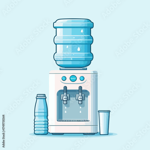A modern white water cooler with a large blue water bottle on top, a plastic bottle, and a cup.