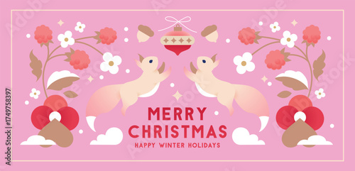 Bright Christmas illustration with cute jumping squirrels , decorated with flowers in flat minimalist style. Design for greeting cards, advent calendars or packaging.
