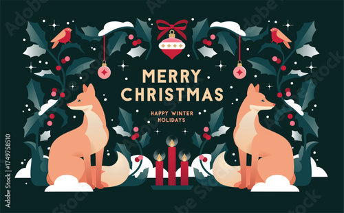 Christmas illustration with cute foxes and birds, decorated with holly and candles in flat minimalist style. Design for banners, greeting cards, advent calendars or packaging.
