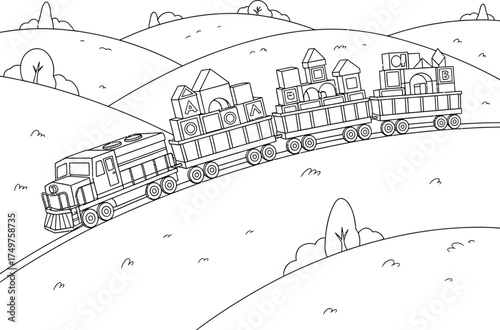 Toy Train Carrying Alphabet Building Blocks Through Hills - Learning Journey Outline