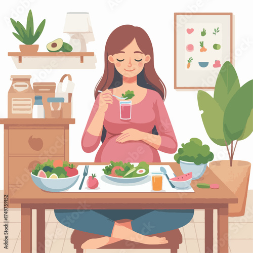 A happy pregnant woman enjoys a healthy meal of fresh salad and vegetables at home.