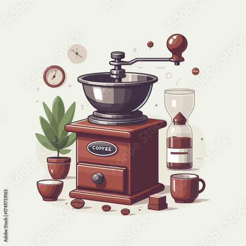 A charming illustration of a vintage coffee grinder surrounded by coffee beans, cups, a plant, and clocks, depicting a cozy coffee preparation scene.