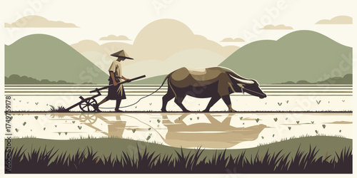 Traditional Asian farmer with a water buffalo plowing a serene rice paddy field against a mountainous backdrop, a timeless depiction of rural life