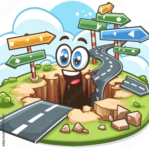 Cartoon illustration of a road with a hole and directional signs.
