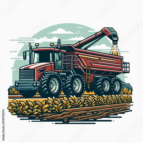 Stylized vector illustration of a large red grain cart tractor during harvest in a farm field.