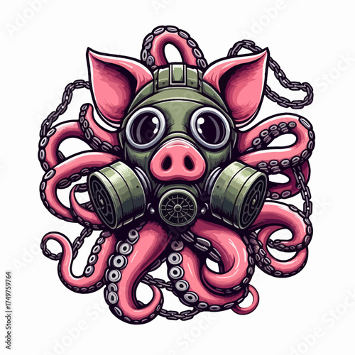 A surreal illustration of a pig's head with octopus tentacles wearing a green gas mask, surrounded by chains.