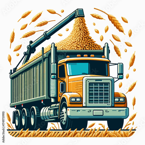 A detailed illustration of a truck being loaded with harvested wheat, showcasing agricultural processes.