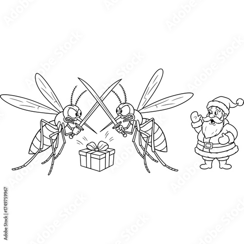 A surreal scene of two fighting mosquitoes in front of Santa Claus. This whimsical and imaginative vector drawing is perfect for coloring as a unique comic or editorial cartoon.