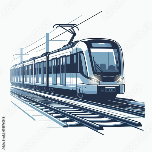 Illustration of a modern light rail train traveling along the tracks, showing its sleek design.