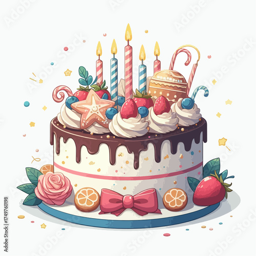 A whimsical birthday cake with candles, frosting, and various sweet decorations on a white background.