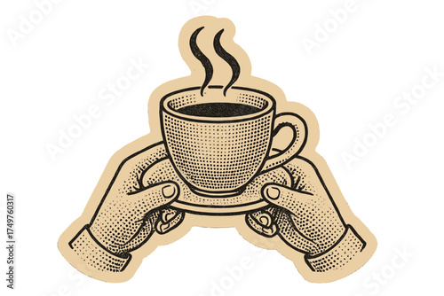 Hands carefully holding steaming coffee cup on saucer in vintage style