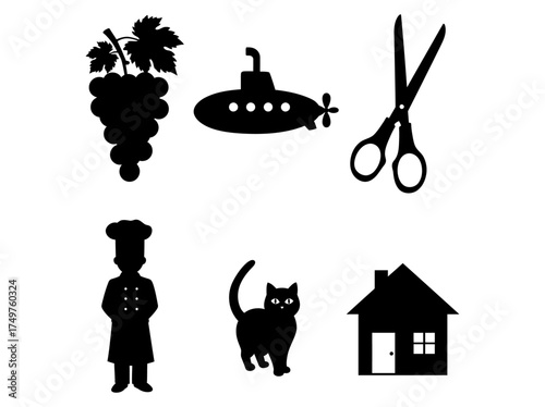 A diverse collection of essential silhouette icons featuring common objects and characters, perfect for various graphic design projects