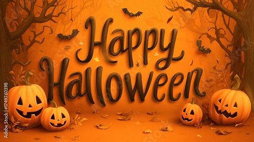 Happy Halloween Background with Pumpkins, Bats, and Autumn Leaves for Seasonal Decor and Festive Designs