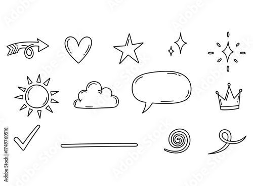 A Collection of Doodle Icons Arrows, Hearts, Stars, Sun, Clouds, Speech Bubbles, Crowns, Checkmarks, Swirls, and Sparkles for Creative Designs