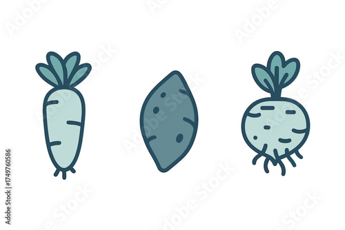 Set of root vegetable icons including carrot, sweet potato, and turnip
