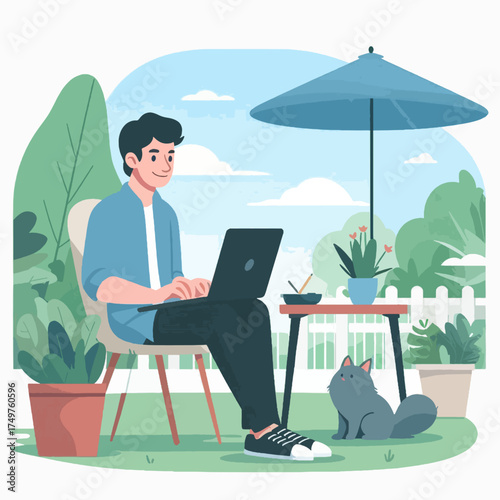 A smiling man enjoys working from home on his laptop in a sunny garden, accompanied by his pet cat.