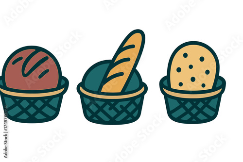Assortment of baked goods in woven baskets icon set