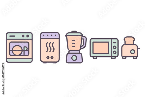 Five colorful icons for kitchen and laundry household devices