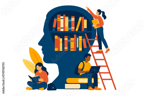 People accessing knowledge inside large human head silhouette with books