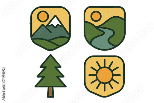 Four stylized nature and outdoor adventure emblems in badge format