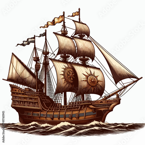 Illustration of a galleon ship sailing on the ocean with detailed sails and waves.