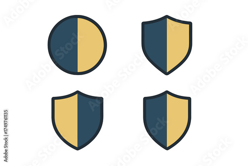 Four shield and circular badge icons vertically divided in blue and gold colors