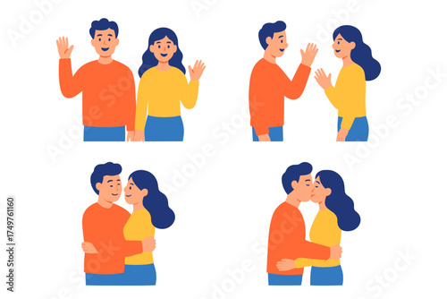 Stages of couple relationship progression icons showing greeting, hugging, and kissing