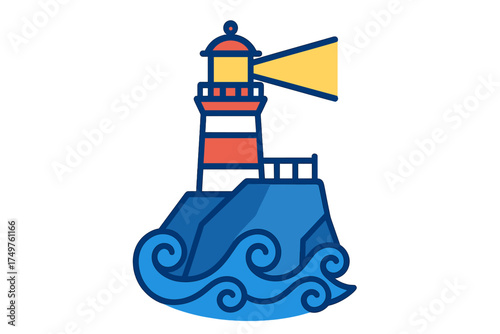 Coastal lighthouse on rocky island emitting bright navigational light beam