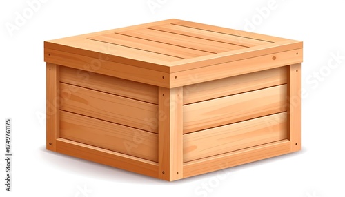 A clean, cartoon illustration of a simple, wooden crate, realistically depicted with visible wood grain and corner rivets, isolated on white