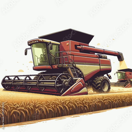 Illustration of a red combine harvester working in a wheat field.