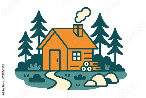 Cozy orange wooden cabin nestled among dark green pine trees