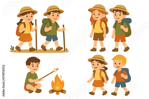 Happy children hiking and roasting marshmallows around a warm campfire