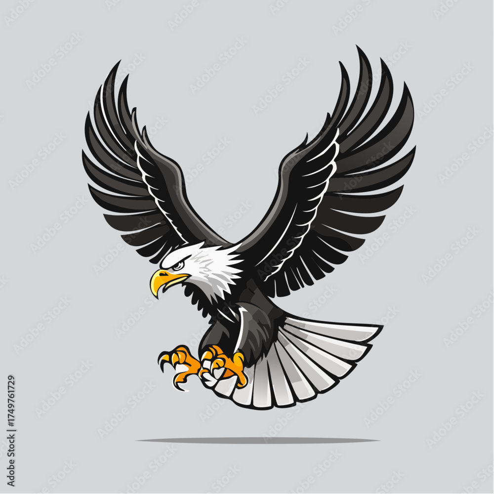 Obraz premium Illustration of a bald eagle in mid-flight with outstretched wings and sharp talons against a light gray background.