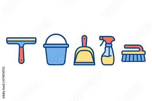 Colorful set of household cleaning tools icons for sanitation tasks