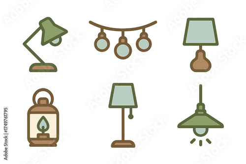 Rustic lighting fixtures icons in muted colors assortment