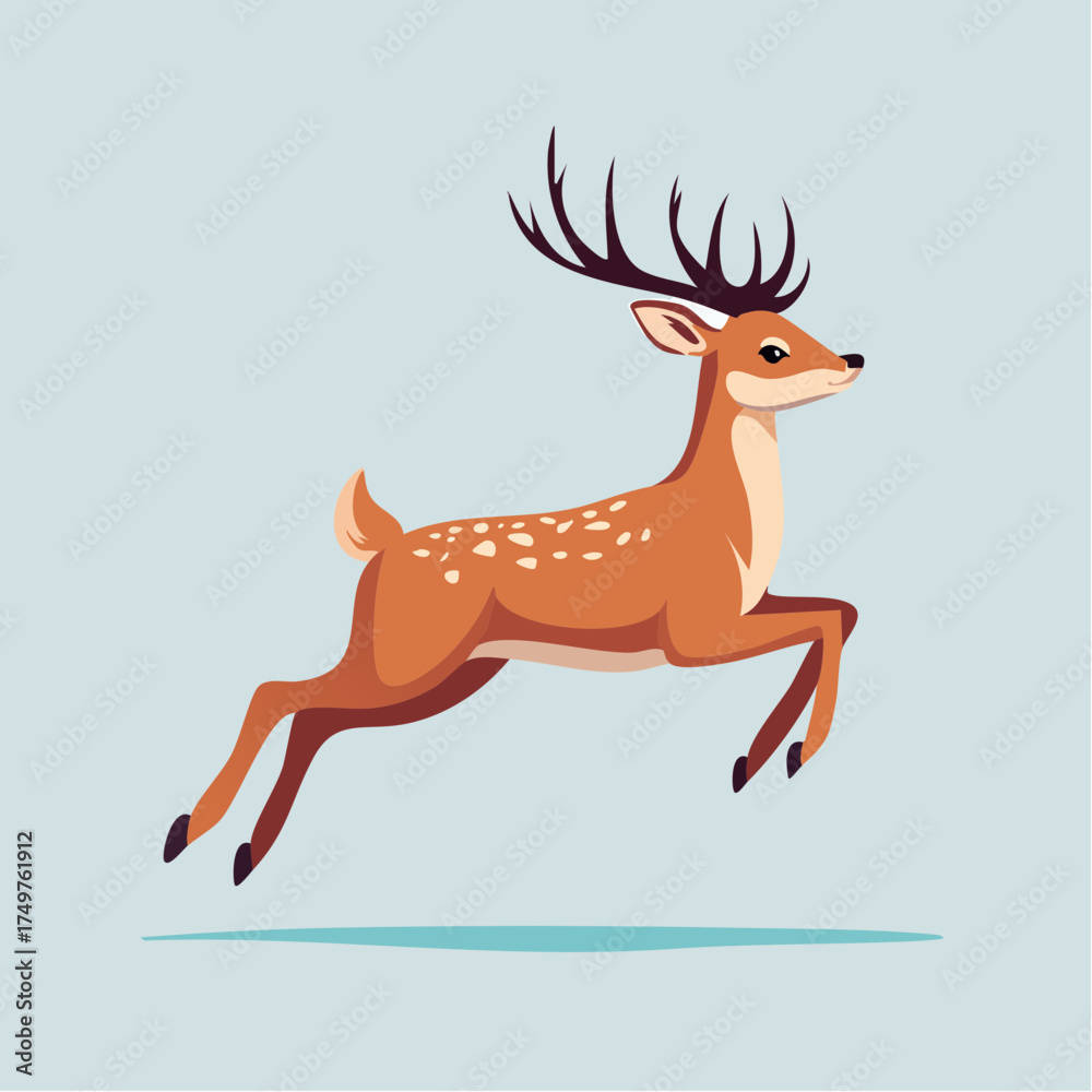 Obraz premium A cartoon deer with large antlers and white spots runs across a light blue background.