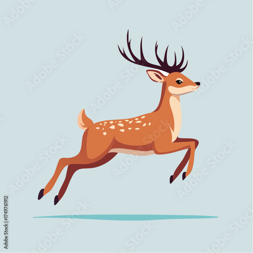 A cartoon deer with large antlers and white spots runs across a light blue background.