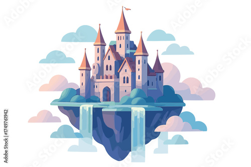 Fantasy castle on a floating island with waterfalls and clouds