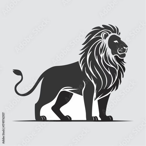 Black silhouette of a lion with a detailed mane standing on a gray background.