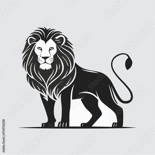 Black and white illustration of a lion standing with a majestic mane on a plain background.
