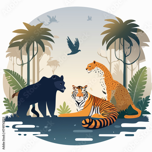 Illustration of a bear, tiger, and leopard in a tropical jungle with palm trees and birds