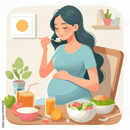 Illustration of a happy pregnant woman eating a healthy meal with fresh fruits, salad, and juice at a table.