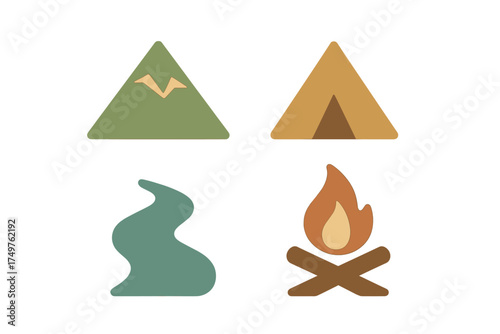 Minimalist outdoor adventure icons featuring tent mountain river and campfire