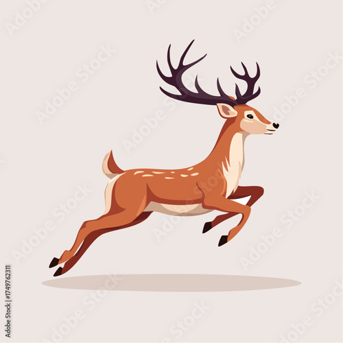 Cartoon illustration of a deer running with large antlers on a plain background.